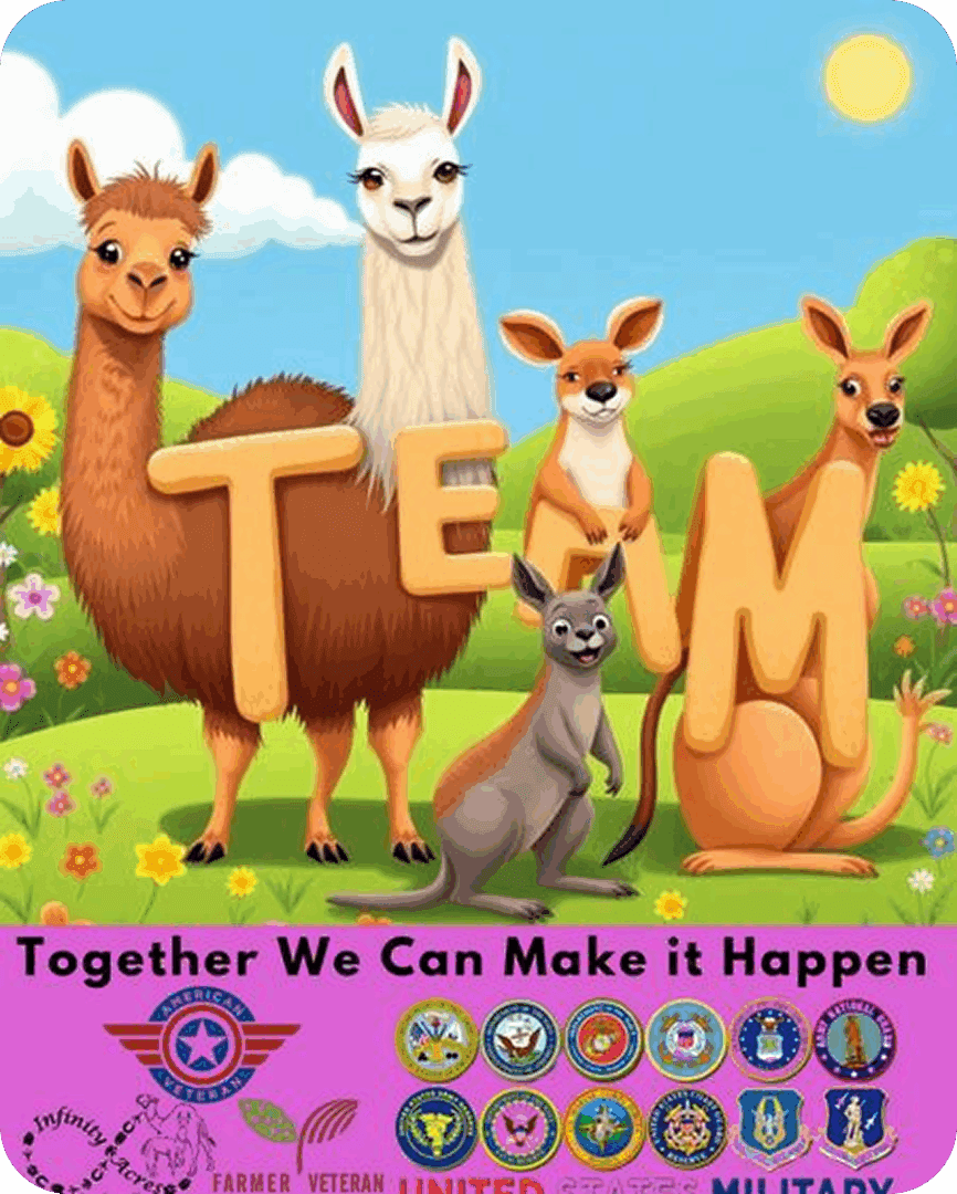 Llamas and kangaroos spelling "TEAM
