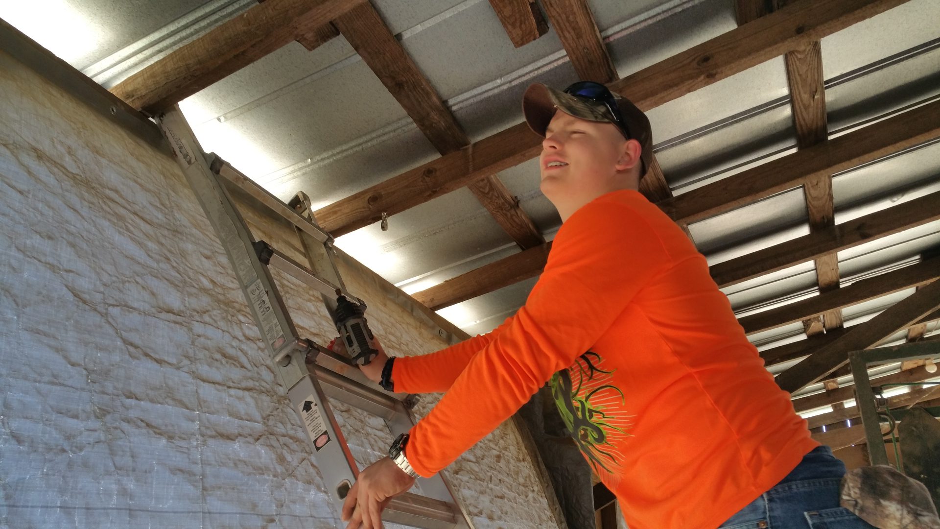 Man climbing ladder in barn