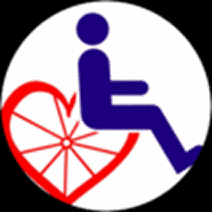 Wheelchair symbol with heart-shaped wheel design.