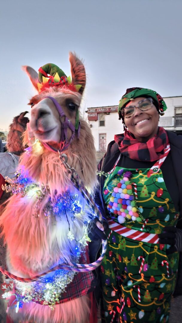 Person in festive attire posing with a decorated llama at an outdoor event.