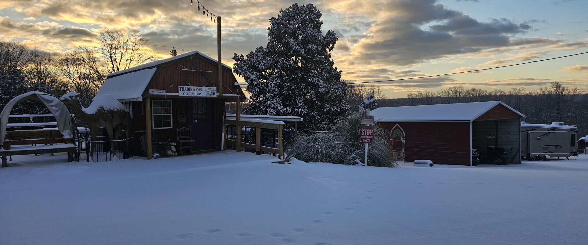 Snow-covered street scene at dusk with houses and trees.