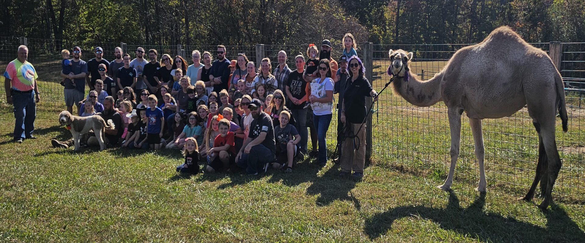 Group photo of children and adults with a llama outdoors on a sunny day.
