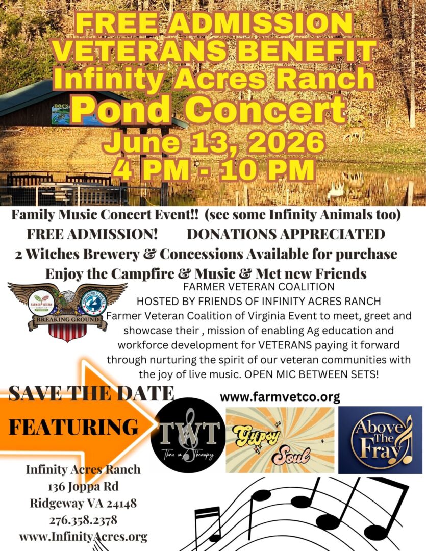 Flyer for a pond concert event at Infinity Acres Ranch on June 13, 2026.