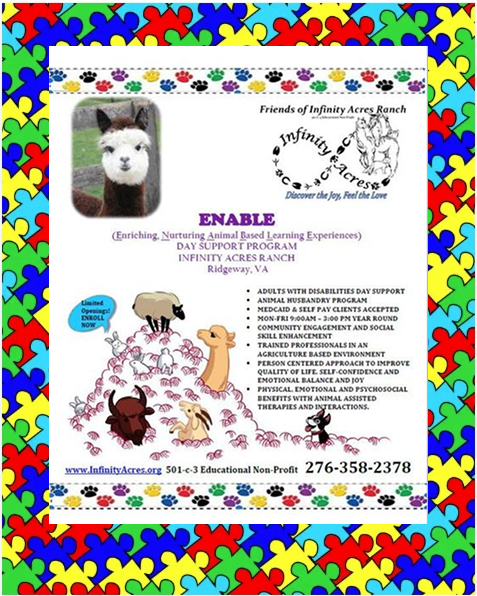 Colorful autism awareness flyer with dog photos and puzzle piece background.