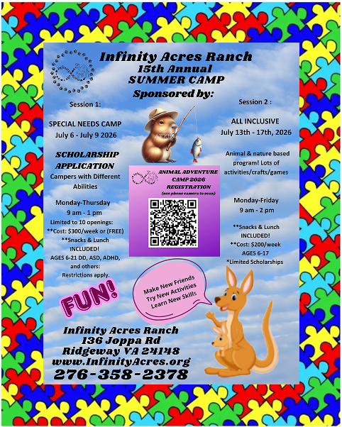 Colorful flyer for Infinity Acres Ranch summer camp with dates, activities, and registration info.