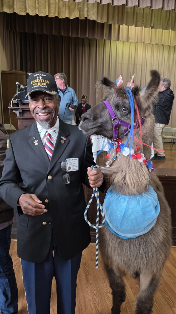 Man in suit smiling next to a dressed-up llama indoors.