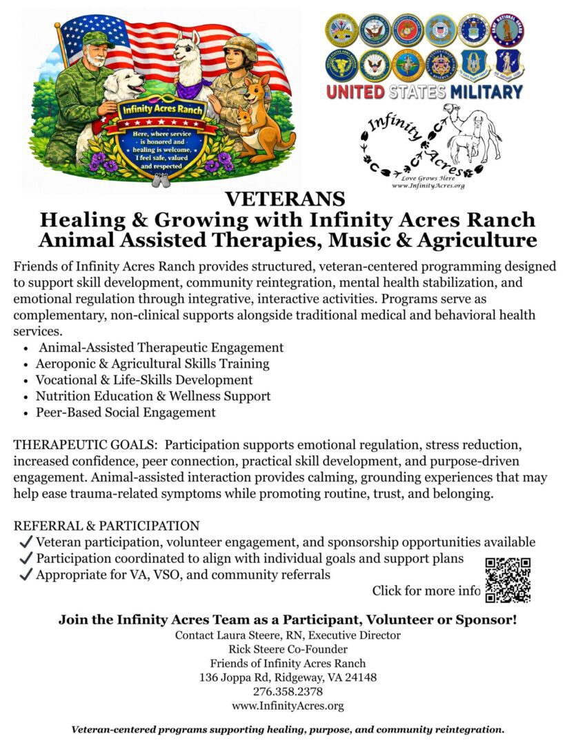 Flyer for Veterans Healing & Growing program at Infinity Acres Ranch in Santa Rosa, CA.
