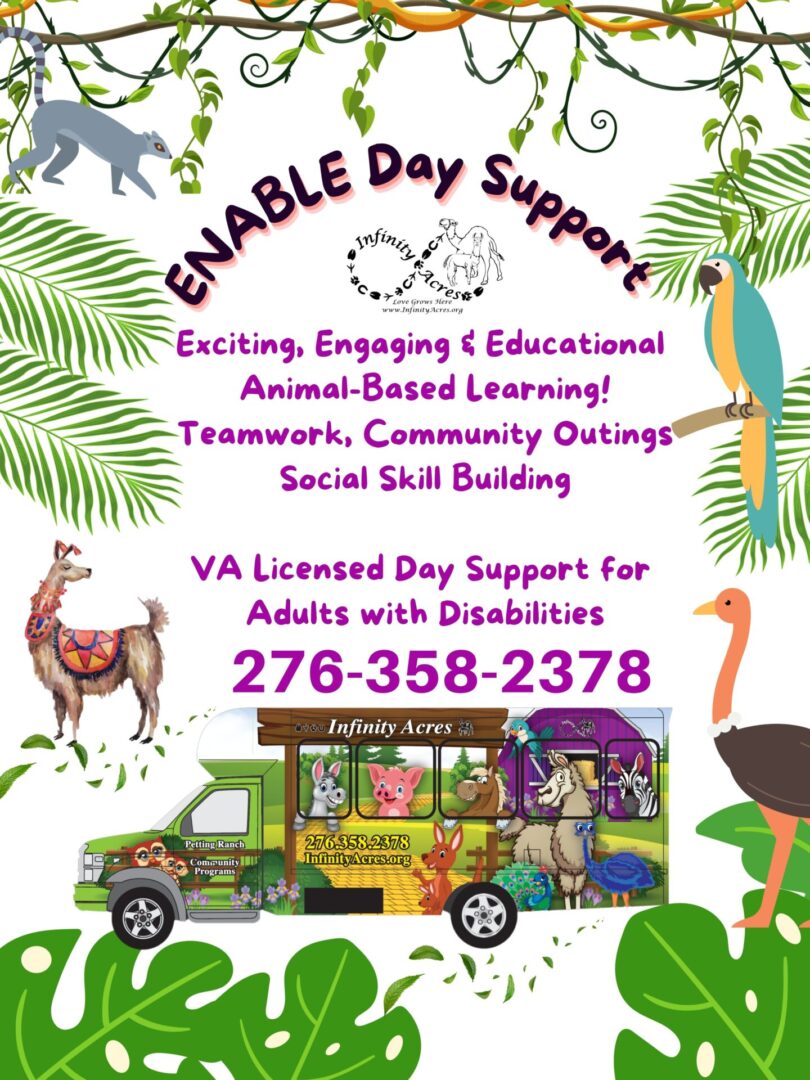 Colorful flyer for ENABLE Day Support with activities and contact info.