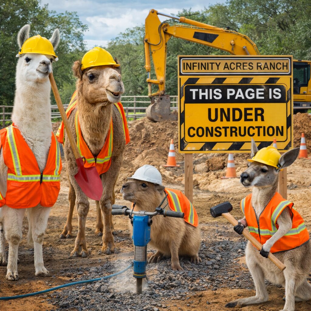 Three camels dressed as construction workers at a construction site.