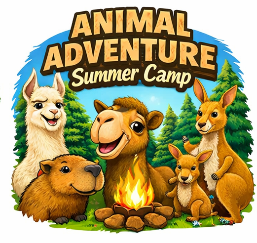 Logo for Animal Adventure Summer Camp with friendly animals around a campfire.