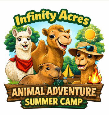 Logo for Infinity Acres Animal Adventure Summer Camp with friendly animals.
