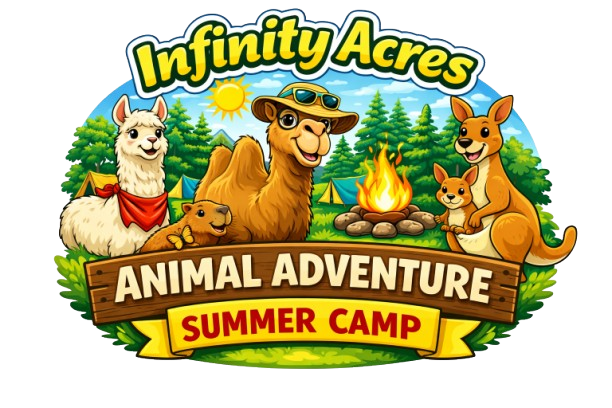 Logo for Infinity Acres Animal Adventure Summer Camp with cheerful animals.