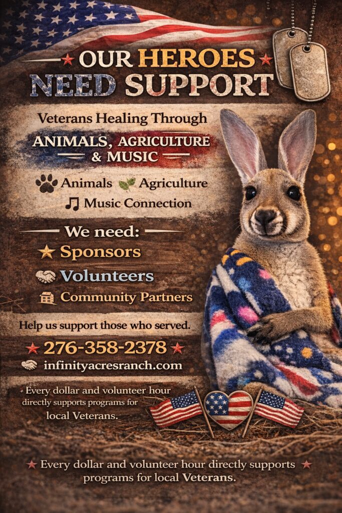 A flyer seeking support for veterans through animal and agriculture programs.