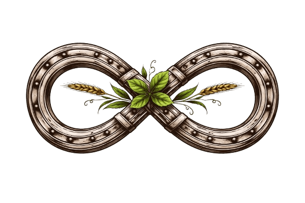An infinity symbol made of horseshoes decorated with a green butterfly and leaves.